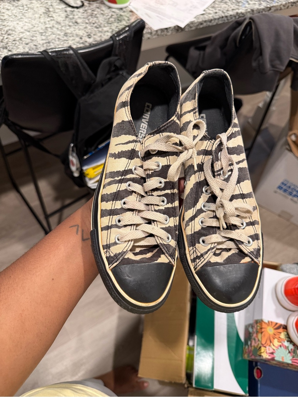 Converse Zebra-Print Low Top Sneakers in Beige and Black